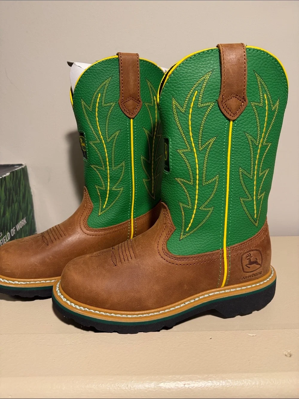 John Deere Green and Brown Kids Pull-On Western Boots with Yellow Trim